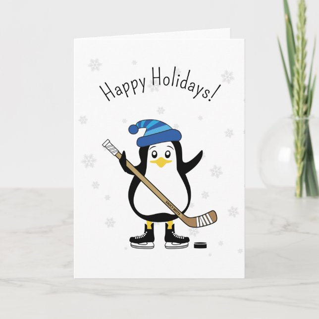Tarjeta Festiva Felices Fiestas Pingüino de Hockey (Anverso)