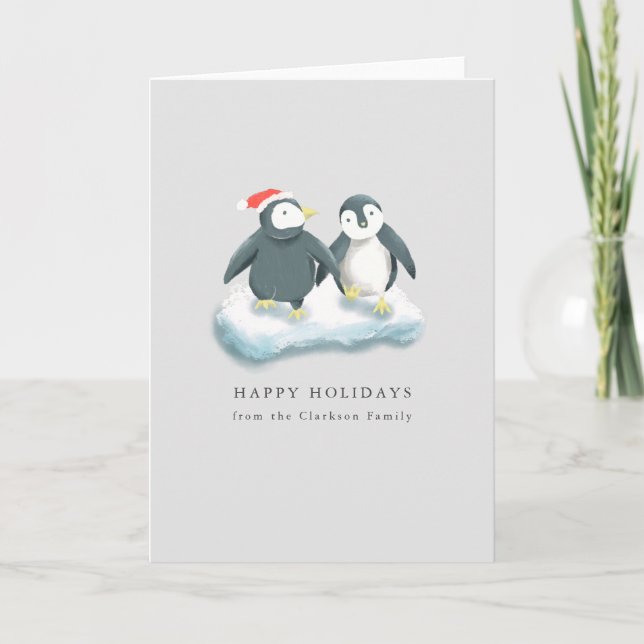 Tarjeta Festiva Felices Fiestas, Pingüinos Navidades (Anverso)