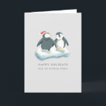 Tarjeta Festiva Felices Fiestas, Pingüinos Navidades<br><div class="desc">Carta de bienvenida de vacaciones con ilustracion de dos pingüinos en un iceberg. Uno de los pingüinos lleva puesto un sombrero rojo de santa.</div>