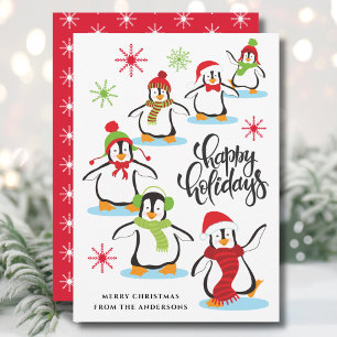 Tarjeta Festiva Felices Fiestas Pingüinos Rojo Retro Adorable