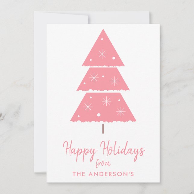 Tarjeta Festiva Felices fiestas Pink Christmas Tree Snowflakes (Anverso)