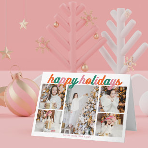 Tarjeta Festiva Felices Fiestas Pink Collage de Fotos Doble