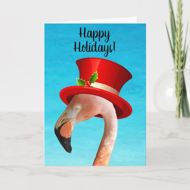 Tarjeta Festiva Felices Fiestas Pink Flamingo (Anverso)