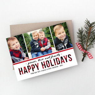 Tarjeta Festiva Felices Fiestas Plaid Rojo Búfalo Familia