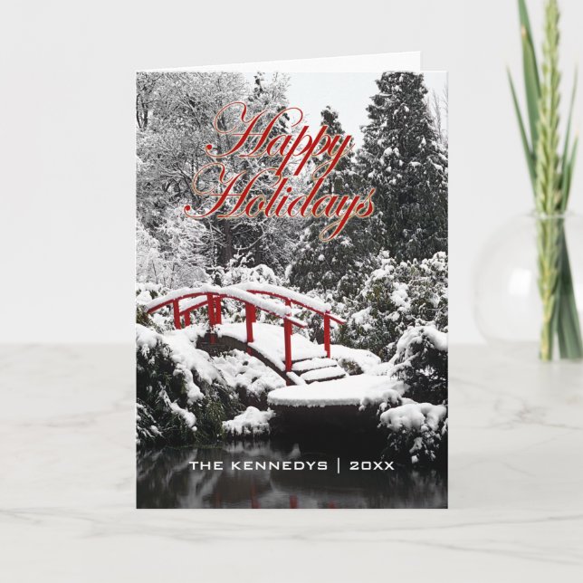 Tarjeta Festiva Felices Fiestas - Puente lunar y estanque (Anverso)