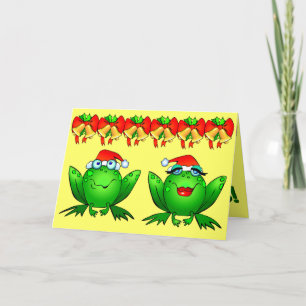 Tarjeta Festiva Felices Fiestas Ranas de Dibujos Animados Gorros d
