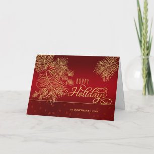 Tarjeta Festiva Felices fiestas Red y Golden Pines con nombre