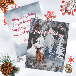 Tarjeta Festiva Felices Fiestas Reindeer Invierno Escena de acuare
