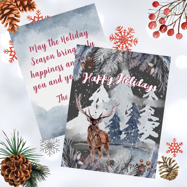 Tarjeta Festiva Felices Fiestas Reindeer Invierno Escena de acuare (Happy Holidays Watercolor Deer in Woods Snow Scene Holiday Card)
