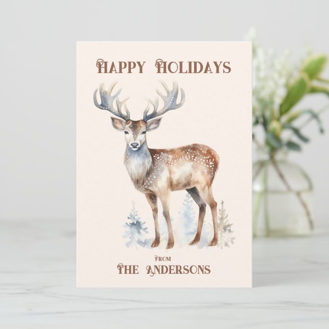 Tarjeta Festiva Felices Fiestas Reno de Acuarela Personalizado  (Anverso de pie)