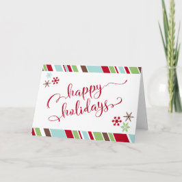 Tarjeta Festiva Felices Fiestas Rojas, Copos de Nieve y Rayas Diag