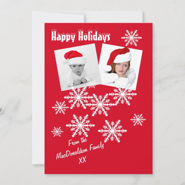 Tarjeta Festiva Felices fiestas rojas y copos de nieve (Anverso)