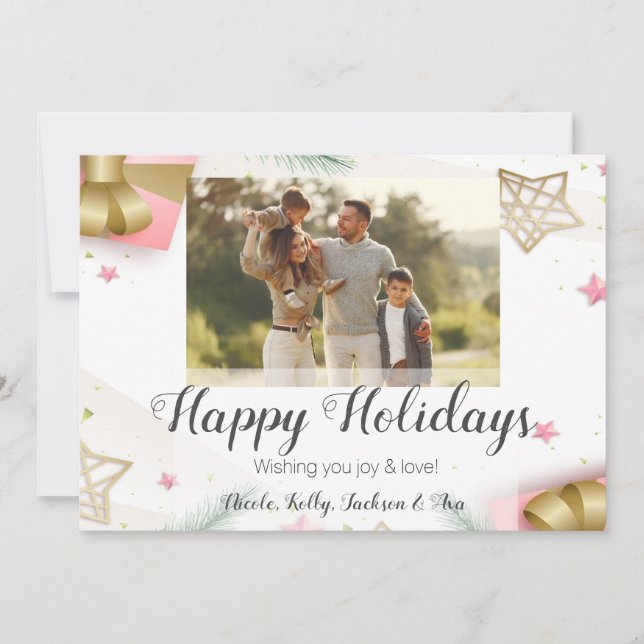 Tarjeta Festiva Felices Fiestas Rosa y Dorado Foto y Texto Persona (Anverso)