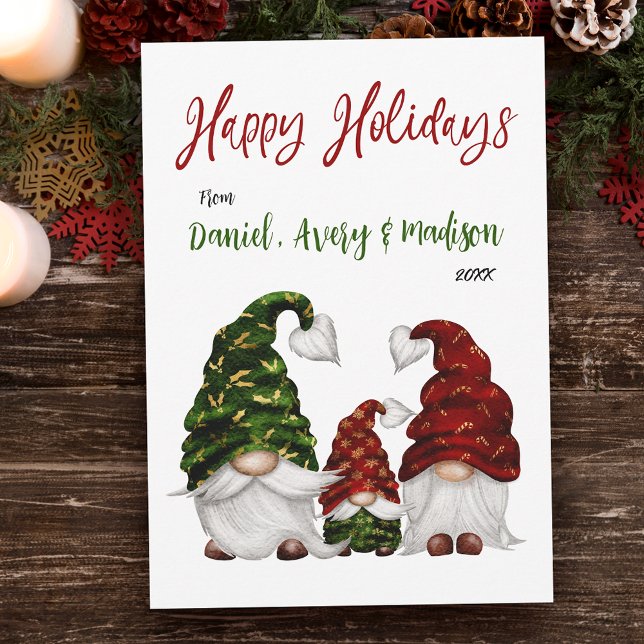 Tarjeta Festiva Felices Fiestas Rústicas acuarela Gnome Family (Available in high quality print or digital download for quick text messaging, email or self print.)