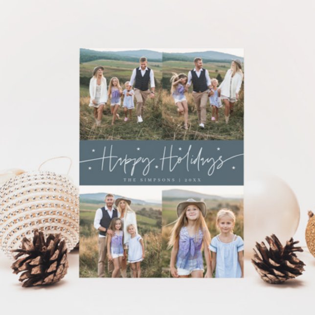 Tarjeta Festiva Felices Fiestas Script Slate Blue Multi Photo (Subido por el creador)