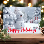 Tarjeta Festiva Felices fiestas Snowman Winter Scene<br><div class="desc">Envíe sus cálidos deseos de vacaciones con esta encantadora tarjeta que incluye a un lindo muñeco de nieve en un maravilloso país de invierno. El texto festivo de "Felices Fiestas" en rojo audaz agrega un toque alegre a la escena serena. Perfecto para difundir la alegría de las vacaciones a amigos,...</div>