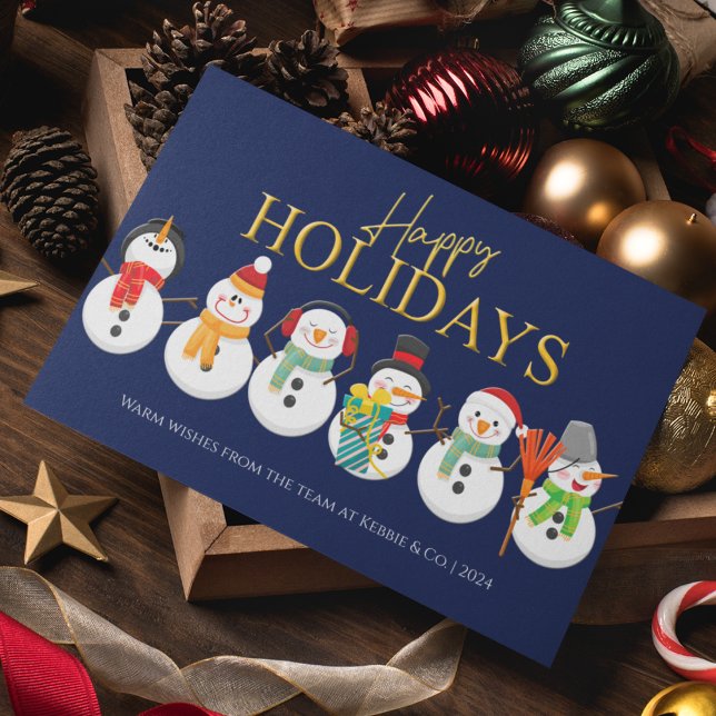 Tarjeta Festiva Felices fiestas Snowmen Blue Corporate Navidades (Customer Business Modern Snowman Corporate Christmas Holiday Card)