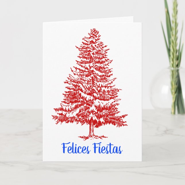Tarjeta Festiva Felices Fiestas Spanish Red White Christmas Tree (Anverso)