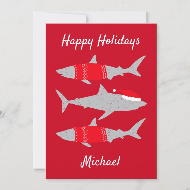 Tarjeta Festiva Felices fiestas Tiburones con atuendos de Santa Cu (Anverso)