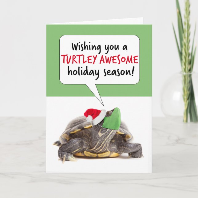Tarjeta Festiva Felices fiestas tortuga en humor negro de máscara (Anverso)