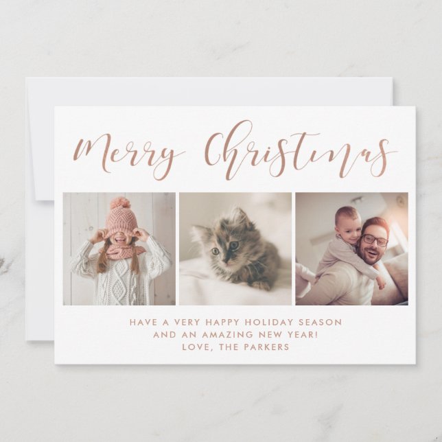 Tarjeta Festiva Felices Fiestas | Tres caligrafías de oro Rosa fot (Anverso)