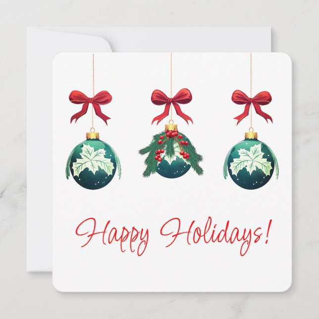 Tarjeta Festiva Felices Fiestas Trio de Ornamento Verde (Anverso)