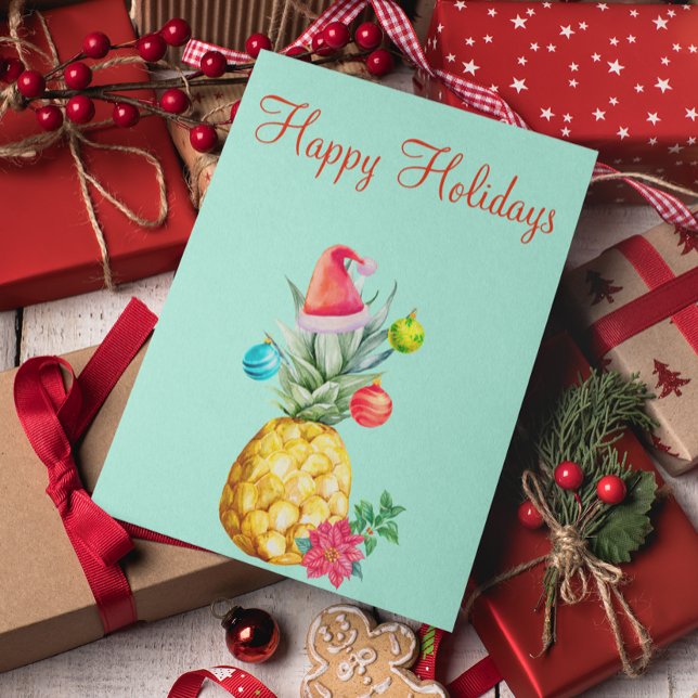 Tarjeta Festiva Felices Fiestas Tropical Pineapple Watercolor (Subido por el creador)