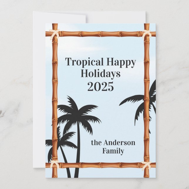 Tarjeta Festiva Felices Fiestas Tropicales, Marcos de Bambú y Palm (Anverso)