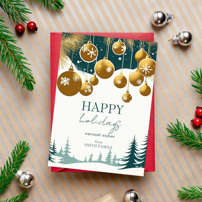 Tarjeta Festiva Felices Fiestas verde azuladas oro verde de mitad  (Happy Holidays Christmas midcentury retro style gold baubles teal pines holiday greeting template)