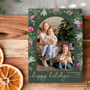 Tarjeta Festiva Felices Fiestas Verde Bosque Arco Botánico Rosa