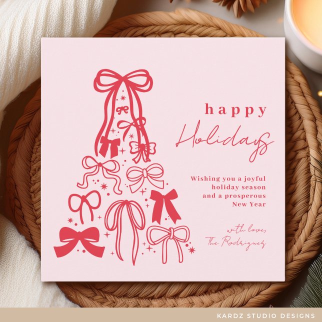 Tarjeta Festiva Felices Fiestas Whimsical Bow Pink Red (Holiday card shown in 5.25 inches, squared. Personalize and choose paper and corner style or digital)