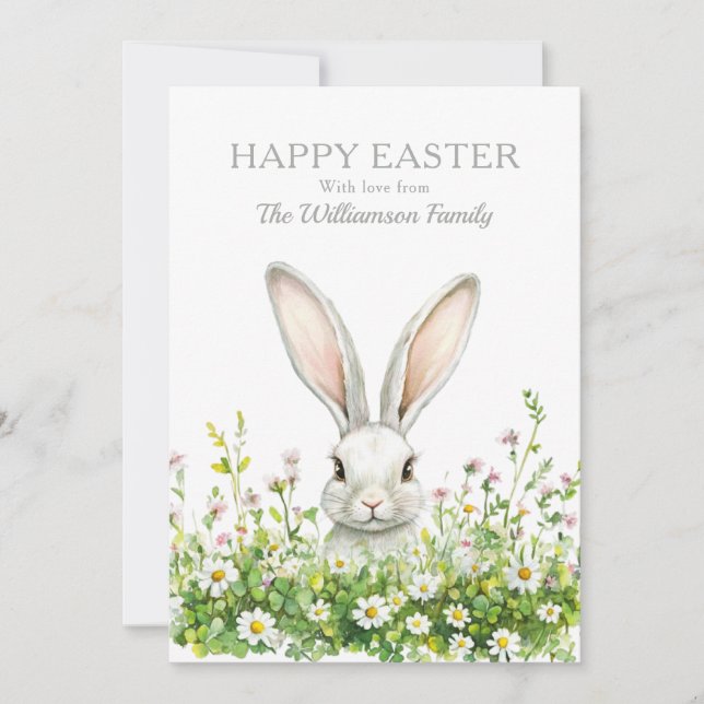 Tarjeta Festiva Felices Floraciones de Conejo Blanco de Pascua Per (Anverso)