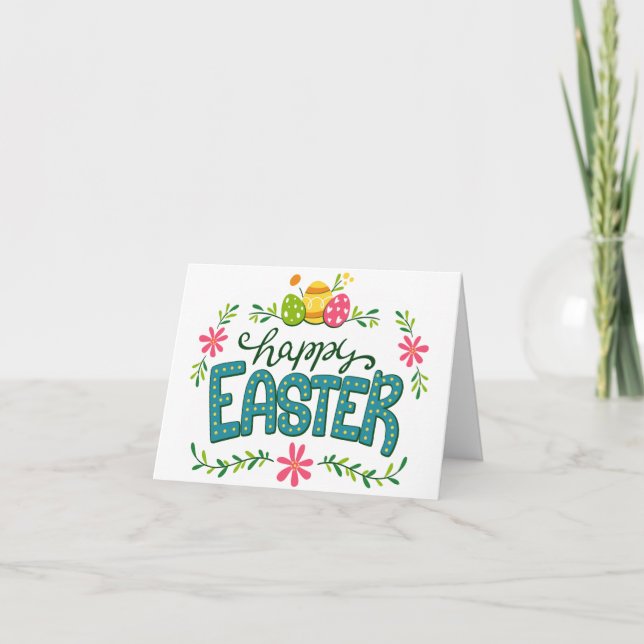 Tarjeta Festiva Felices Flores de Pascua Saludo de Huevos de Pascu (Anverso)