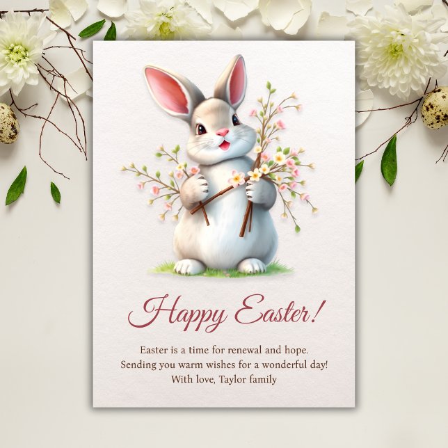 Tarjeta Festiva Felices Flores de Primavera de Bunny de Pascua (Happy Easter Bunny Spring Flowers Holiday Card)