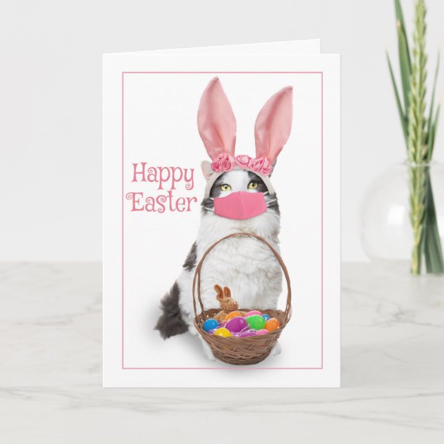 Tarjeta Festiva Felices Gatitos De Pascua Con Máscara De Cesta (Anverso)