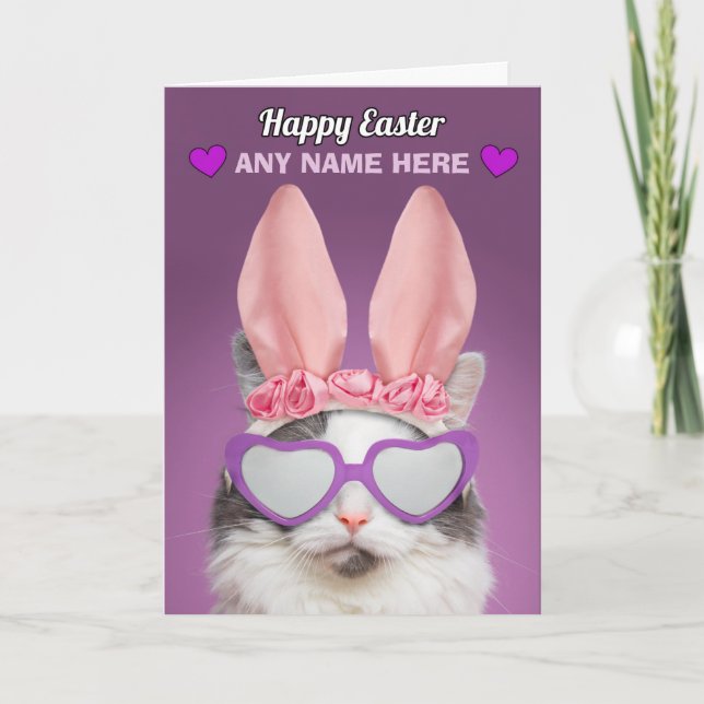 Tarjeta Festiva Felices gatos con nombre personalizado de Pascua e (Anverso)