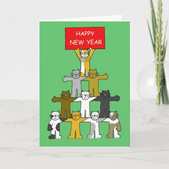 Tarjeta Festiva Felices gatos de Año Nuevo (Anverso)