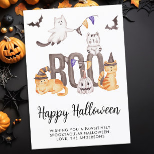 Tarjeta Festiva Felices gatos de Halloween Fantasma Boo lindo niño