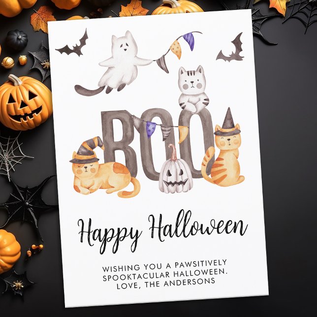 Tarjeta Festiva Felices gatos de Halloween Fantasma Boo lindo niño (Subido por el creador)