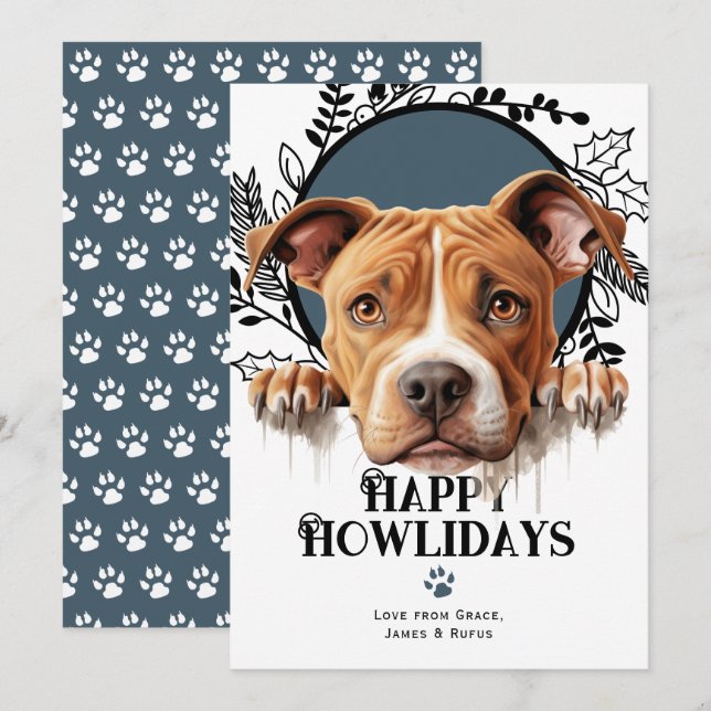 Tarjeta Festiva Felices Howlidays American Pit Bull Terrier (Anverso / Reverso)