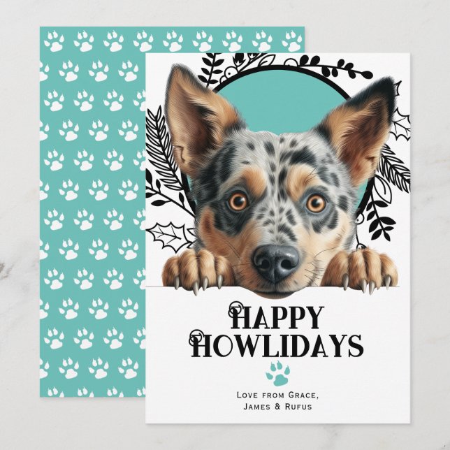 Tarjeta Festiva Felices Howlidays Australian Cattle Dog Navidades (Anverso / Reverso)