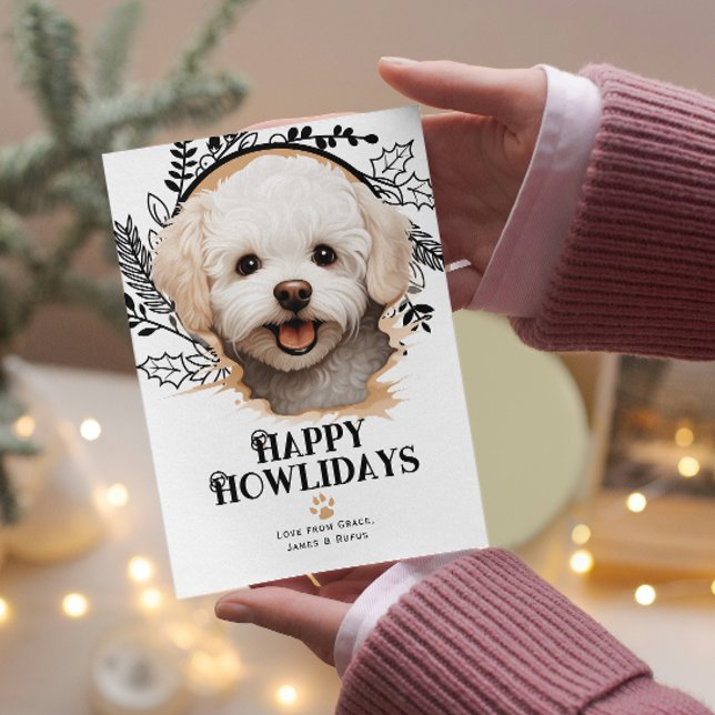 Tarjeta Festiva Felices Howlidays Bichon Frise Dog Navidades (Happy Howlidays Bichon Frise Dog Christmas Holiday Cards by Ricaso. Cute Bichon breed holiday card)