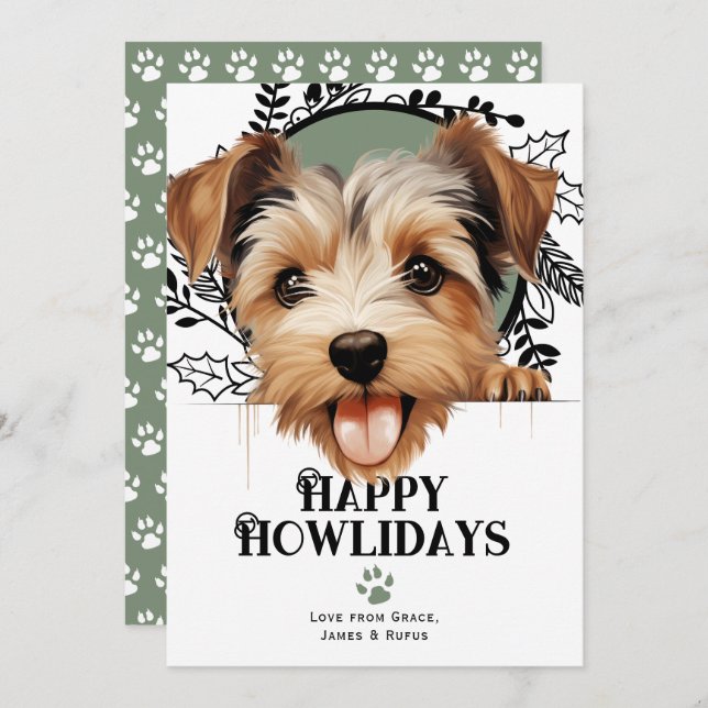 Tarjeta Festiva Felices Howlidays Biewer Terrier Dog Navidades (Anverso / Reverso)
