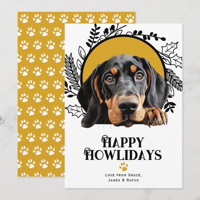 Tarjeta Festiva Felices Howlidays Black Tan Coonhound Dog Navidade (Anverso / Reverso)