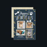 Tarjeta Festiva Felices Howlidays | Collage de fotos de Navidades<br><div class="desc">Difunde el amor en esta temporada navideña con una elegante tarjeta temática de vacaciones mascota "pawsitive". Esta tarjeta muestra un collage de 4 de tus fotos favoritas con elementos en un falso shimmer dorado. Viene con un patrón de coincidencia en la parte posterior. Puede añadir una foto o un texto...</div>