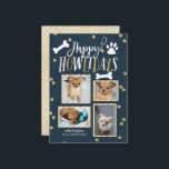 Tarjeta Festiva Felices Howlidays | Collage de fotos de Navidades<br><div class="desc">Difunde el amor en esta temporada navideña con una elegante tarjeta temática de vacaciones mascota "pawsitive". Esta tarjeta muestra un collage de 4 de tus fotos favoritas con elementos en un falso shimmer dorado. Viene con un patrón de coincidencia en la parte posterior. Puede añadir una foto o un texto...</div>