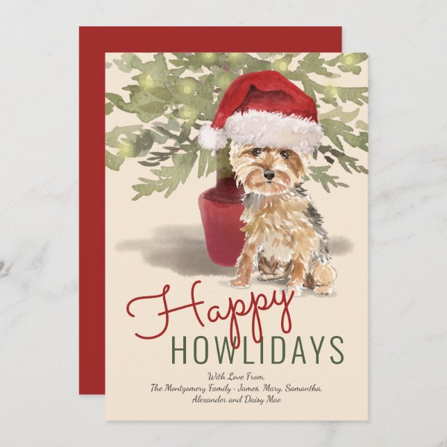 Tarjeta Festiva Felices Howlidays Cute Yorkshire Terrier (Anverso / Reverso)