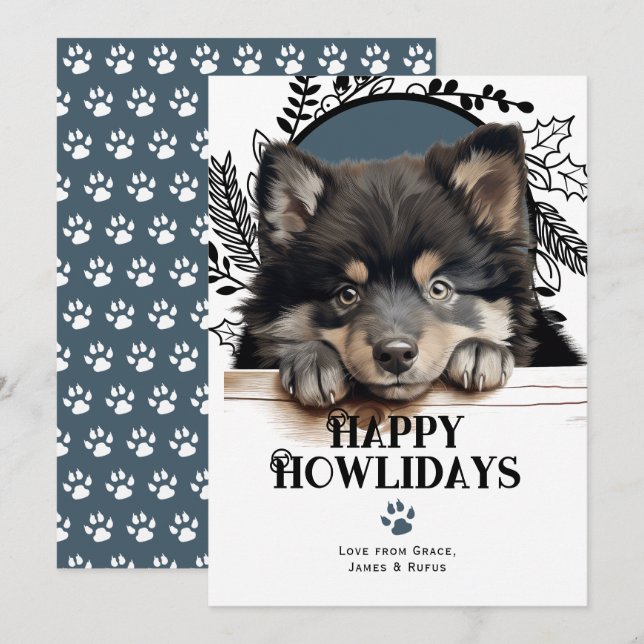 Tarjeta Festiva Felices Howlidays Finlandés Lapphund Dog Navidades (Anverso / Reverso)
