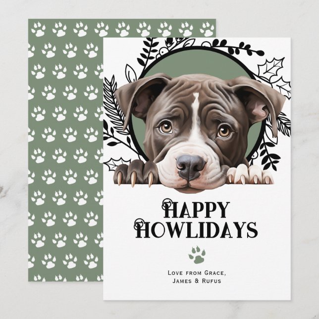 Tarjeta Festiva Felices Howlidays Navidades de Bulldog de foso ame (Anverso / Reverso)