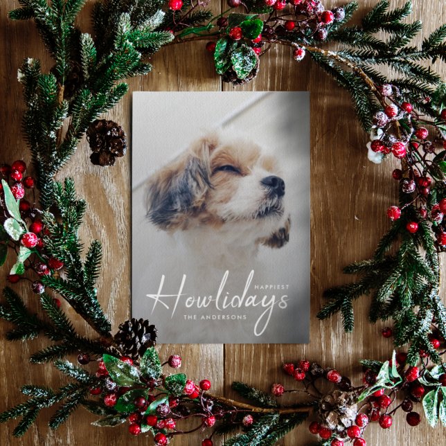 Tarjeta Festiva Felices Howlidays | Navidades verdes del bosque de (An adorable Christmas pet photo "Happiest Howlidays" card to celebrate your furry friend)